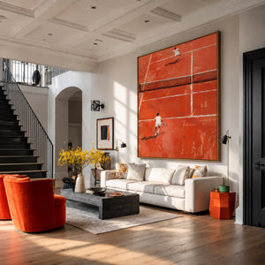 Sunlit Tennis Rally on an Orange Court Wall Art styled interior scene 3 | OILDECO