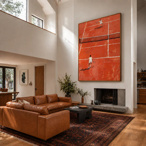 Sunlit Tennis Rally on an Orange Court Wall Art styled interior scene 4 | OILDECO