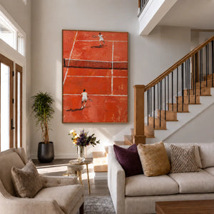 Sunlit Tennis Rally on an Orange Court Wall Art styled interior scene 5 | OILDECO
