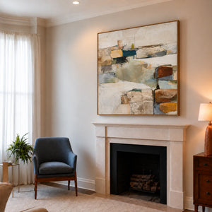 Teal and Ochre Textured Abstract Wall Art styled interior scene 1 | OILDECO