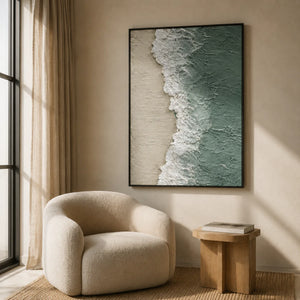 Seafoam Edge Coastal Wall Art styled in a reading corner | OILDECO
