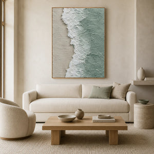 Seafoam Edge Coastal Wall Art styled in a living room | OILDECO