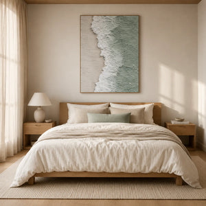 Seafoam Edge Coastal Wall Art styled in a bedroom | OILDECO