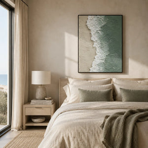 Seafoam Edge Coastal Wall Art shown in a calm bedroom setting | Oildeco
