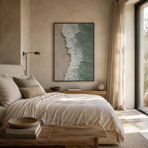 Seafoam Edge Coastal Wall Art styled with minimal interior decor | Oildeco