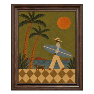 Palm Sunset Surfer and Dog Wall Art | OILDECO