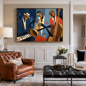 Midnight Blue Jazz Trio Wall Art styled interior scene 1 | OILDECO