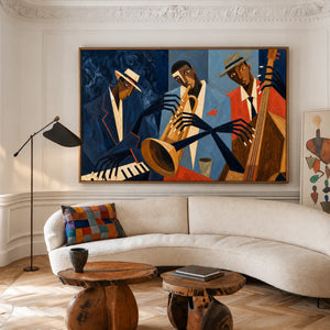 Midnight Blue Jazz Trio Wall Art styled interior scene 2 | OILDECO