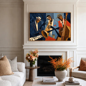 Midnight Blue Jazz Trio Wall Art styled interior scene 3 | OILDECO
