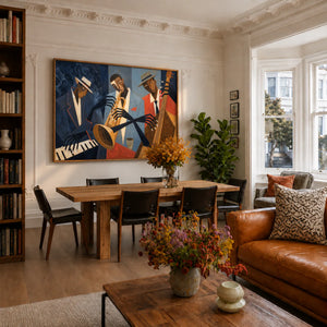 Midnight Blue Jazz Trio Wall Art styled interior scene 4 | OILDECO