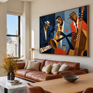 Midnight Blue Jazz Trio Wall Art styled interior scene 5 | OILDECO
