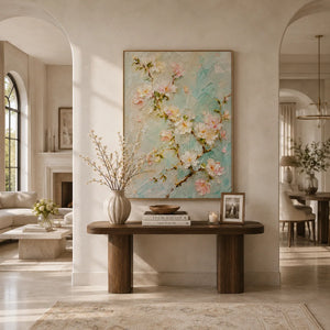 Aqua Blossom Floral Wall Art styled in a modern living room | Oildeco