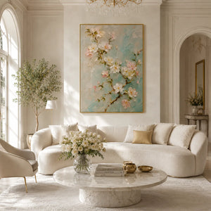 Aqua Blossom Floral Wall Art displayed above a sofa in a neutral interior | Oildeco
