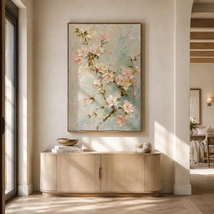 Aqua Blossom Floral Wall Art styled in a contemporary entryway | Oildeco