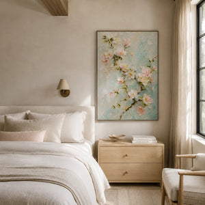 Aqua Blossom Floral Wall Art displayed in a bright dining room | Oildeco