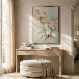 Aqua Blossom Floral Wall Art shown in a quiet home office | Oildeco