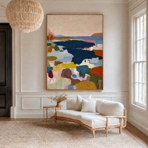 Navy Cove Colorful Abstract Landscape Wall Art styled interior scene 1 | OILDECO