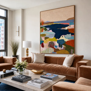 Navy Cove Colorful Abstract Landscape Wall Art styled interior scene 2 | OILDECO