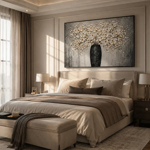 Ivory Bloom Vase Wall Art shown in a calm bedroom setting | Oildeco