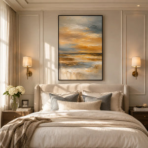 Amber Sky Coastal Wall Art shown in a calm bedroom setting | Oildeco