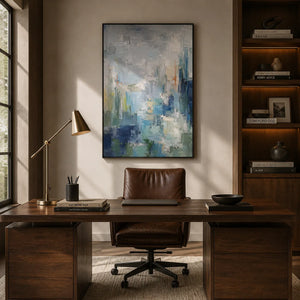 Mist Cityscape Abstract Wall Art styled in a modern living room | Oildeco