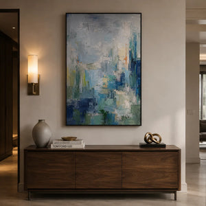 Mist Cityscape Abstract Wall Art styled in a contemporary entryway | Oildeco