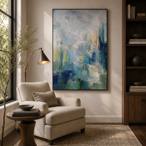 Mist Cityscape Abstract Wall Art shown in a calm bedroom setting | Oildeco