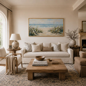 Dune Path Coastal Wall Art styled in a modern living room | Oildeco