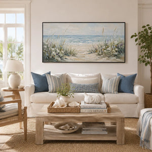Dune Path Coastal Wall Art displayed above a sofa in a neutral interior | Oildeco