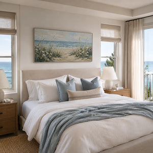 Dune Path Coastal Wall Art shown in a calm bedroom setting | Oildeco