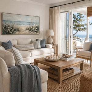 Dune Path Coastal Wall Art styled with minimal interior decor | Oildeco
