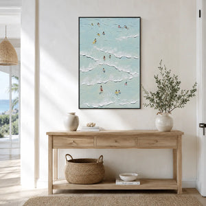 Aqua Swimmers Coastal Wall Art displayed above a sofa in a neutral interior | Oildeco