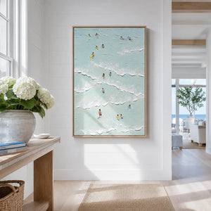 Aqua Swimmers Coastal Wall Art shown in a calm bedroom setting | Oildeco