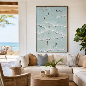 Aqua Swimmers Coastal Wall Art styled in a contemporary entryway | Oildeco