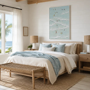 Aqua Swimmers Coastal Wall Art shown in a calm bedroom setting | Oildeco