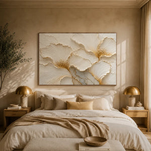 Floral textured wall art above a warm neutral bedroom