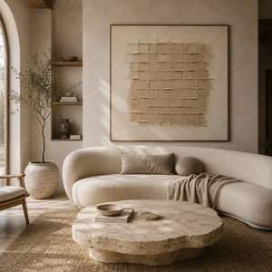 Textured neutral wall art styled in a calm living room