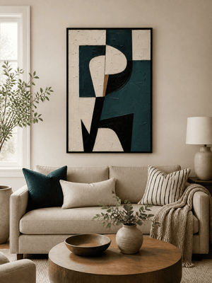 Living room with a beige sofa, abstract art, and decorative items.