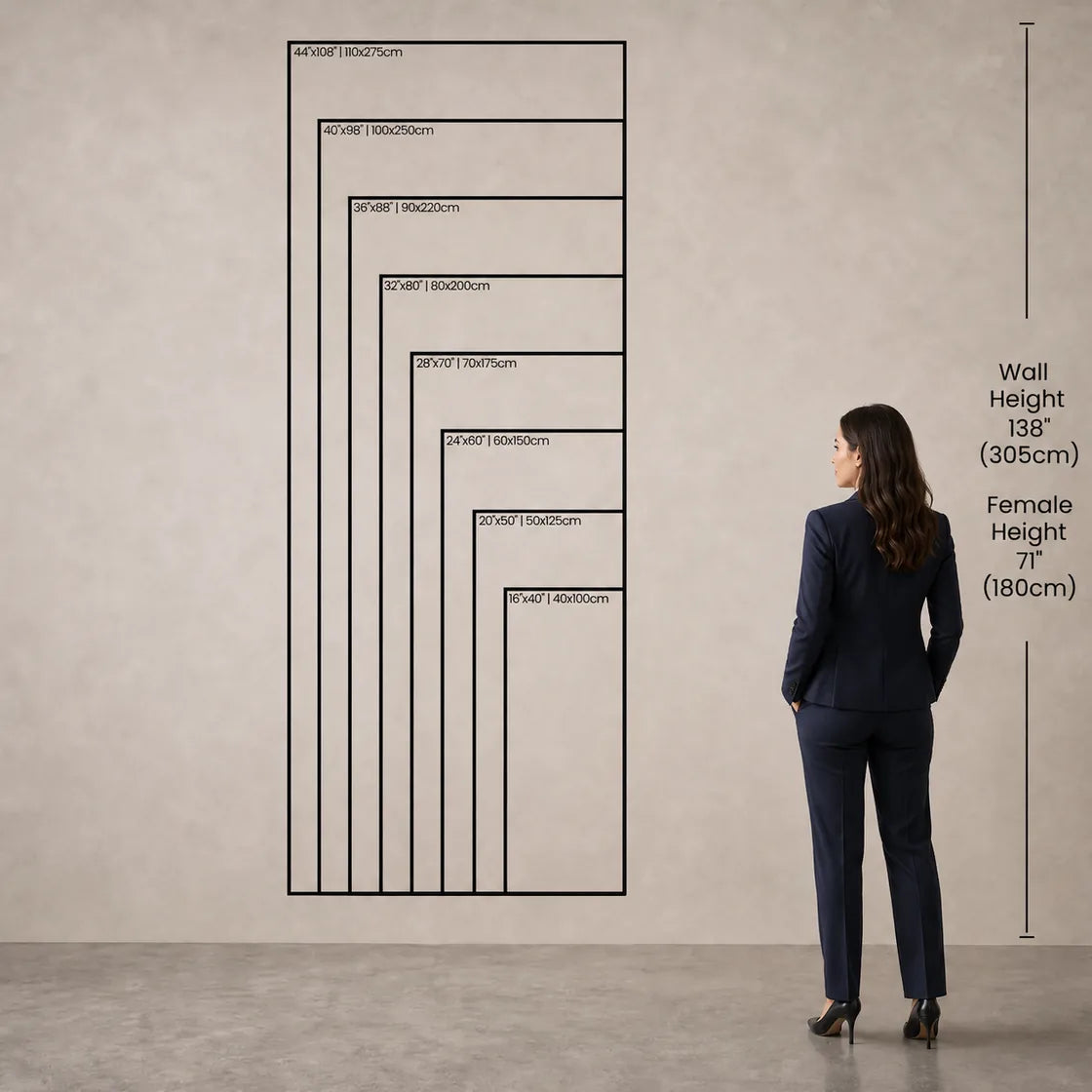 Portrait wall art size chart with human scale comparison