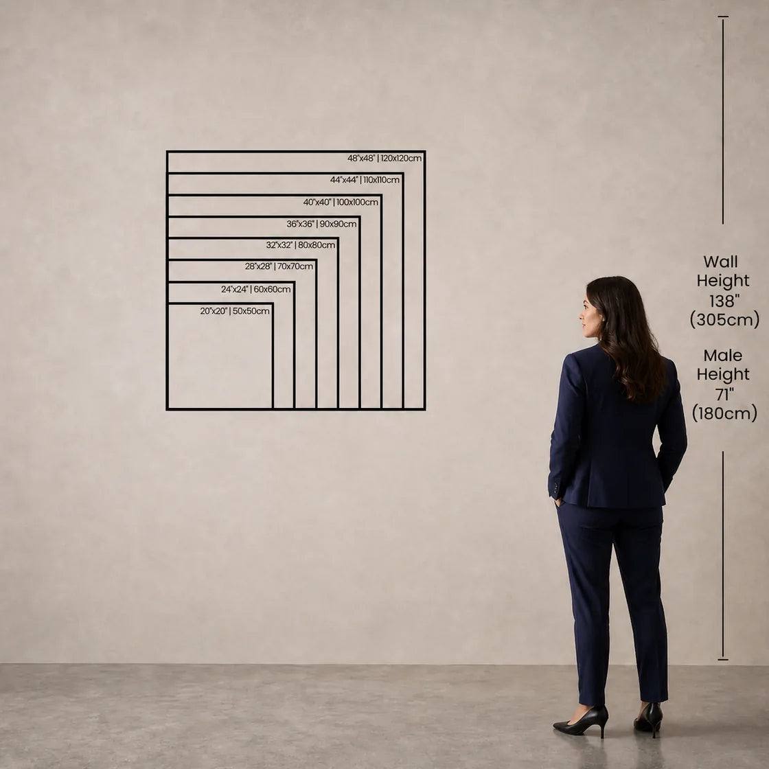 Square wall art size chart with human scale comparison