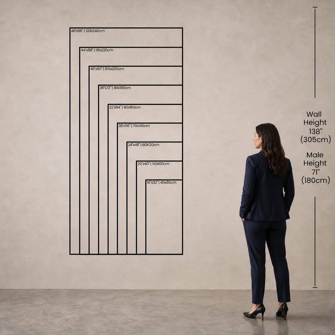 Vertical wall art size chart with human scale comparison