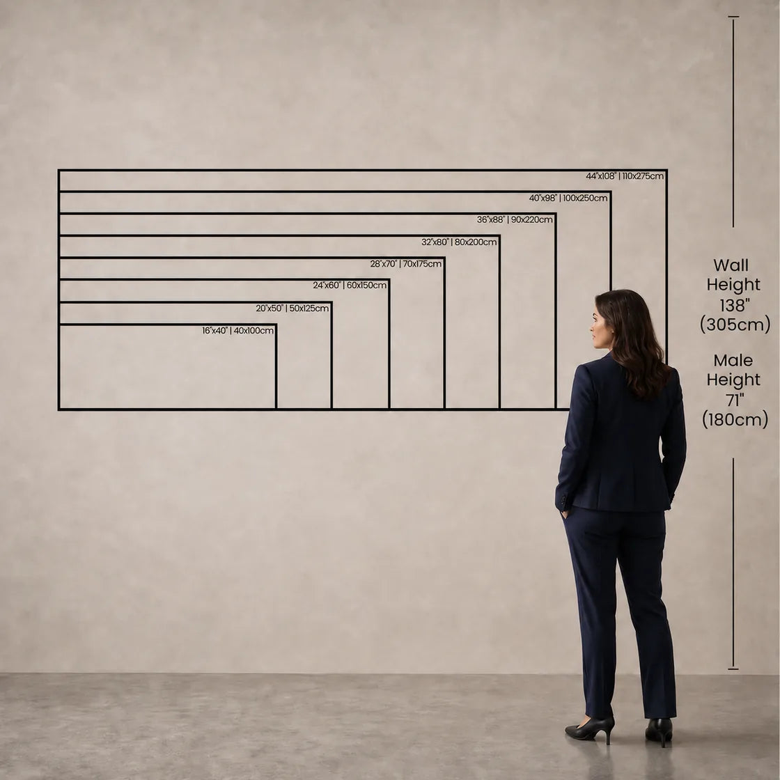 Wide wall art size chart with human scale comparison
