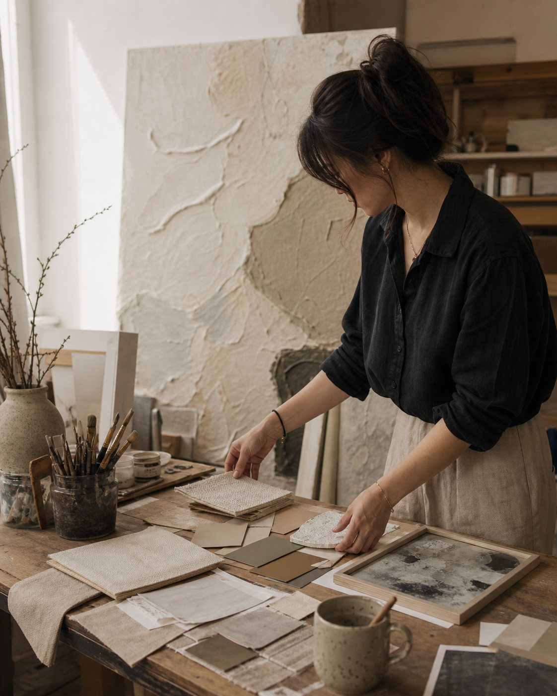An OILDECO studio designer reviewing textured canvas samples and color notes