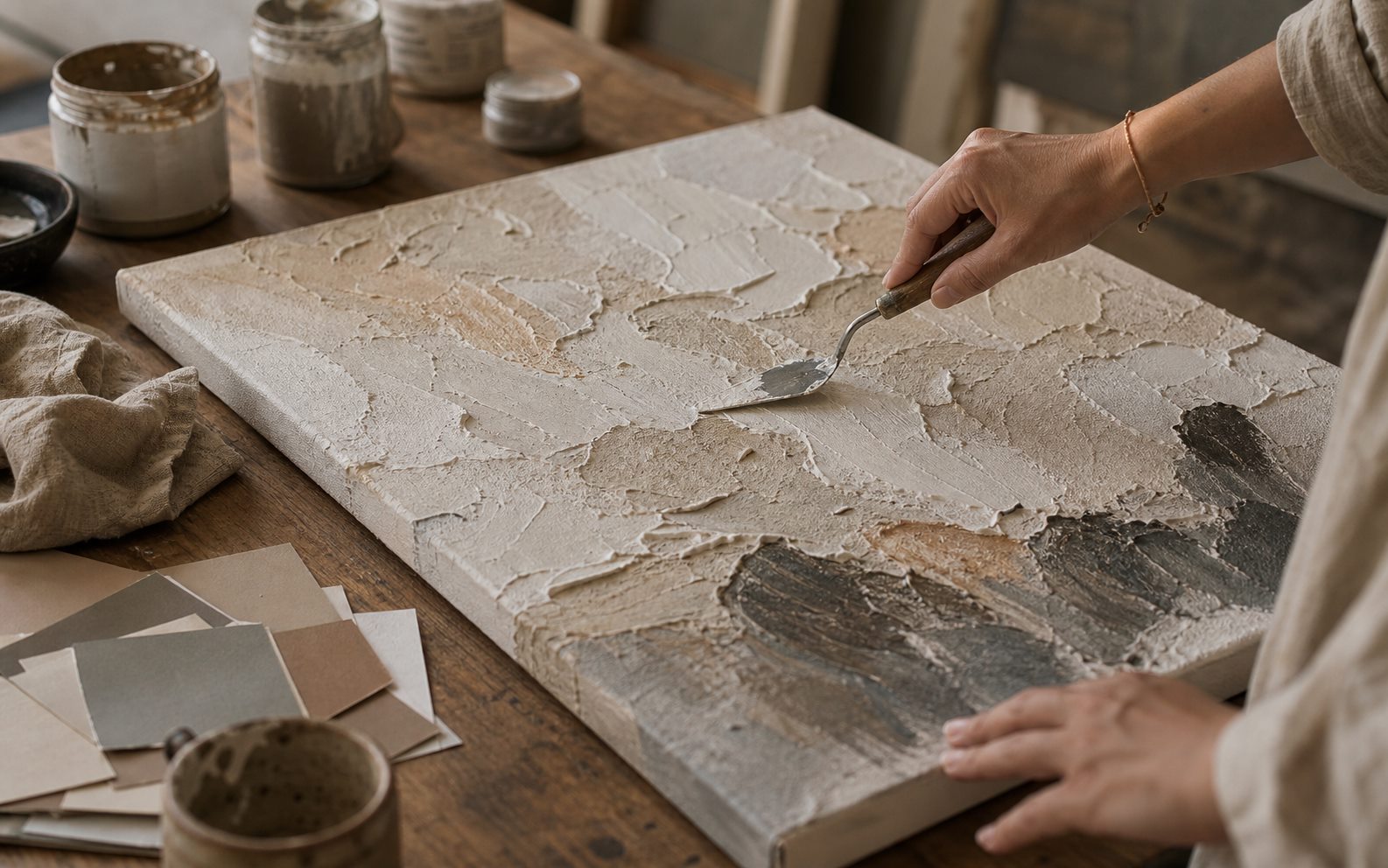 A textured canvas being hand finished with a palette knife