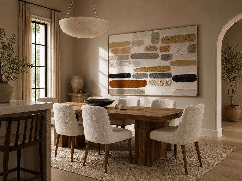 Warm dining room with a hand-painted textured artwork